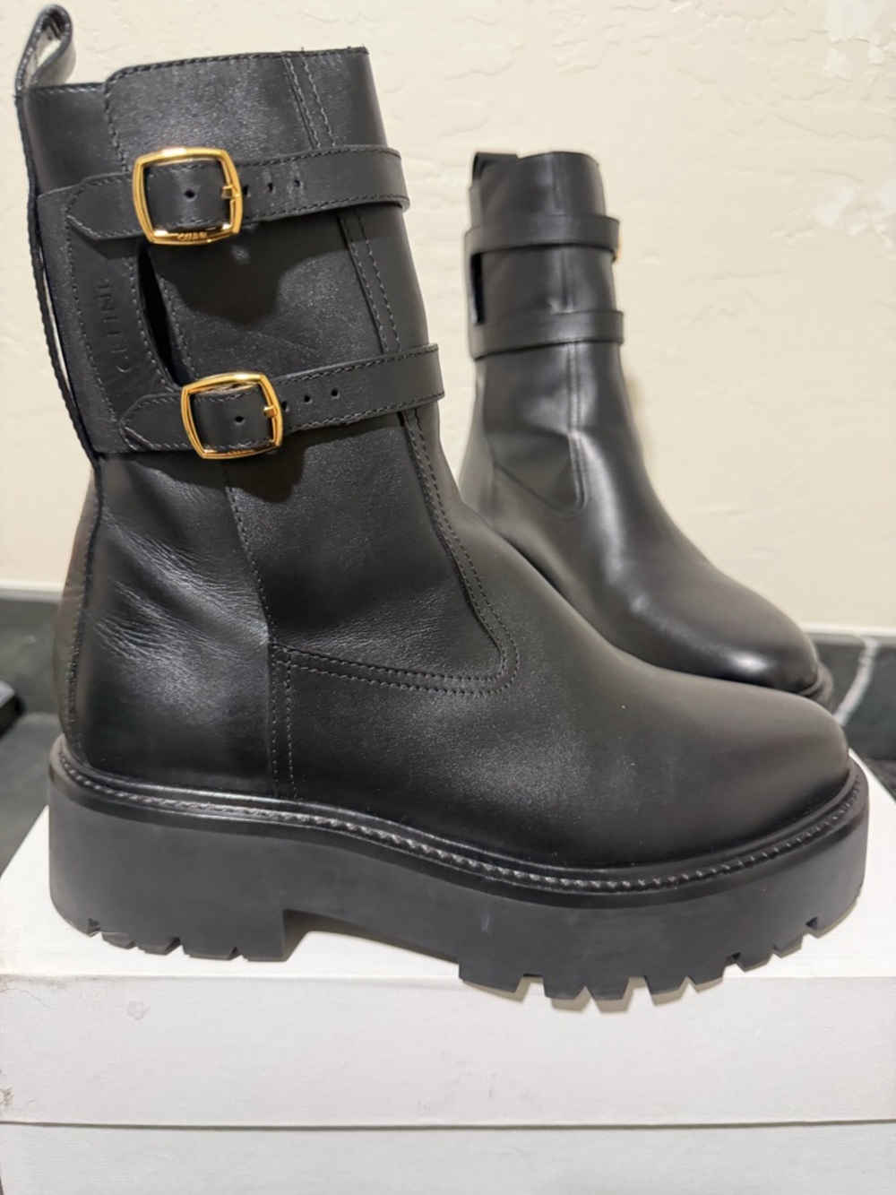 Celine Black Leather Double-Buckle Platform Ankle Boots - Picture 2 of 6